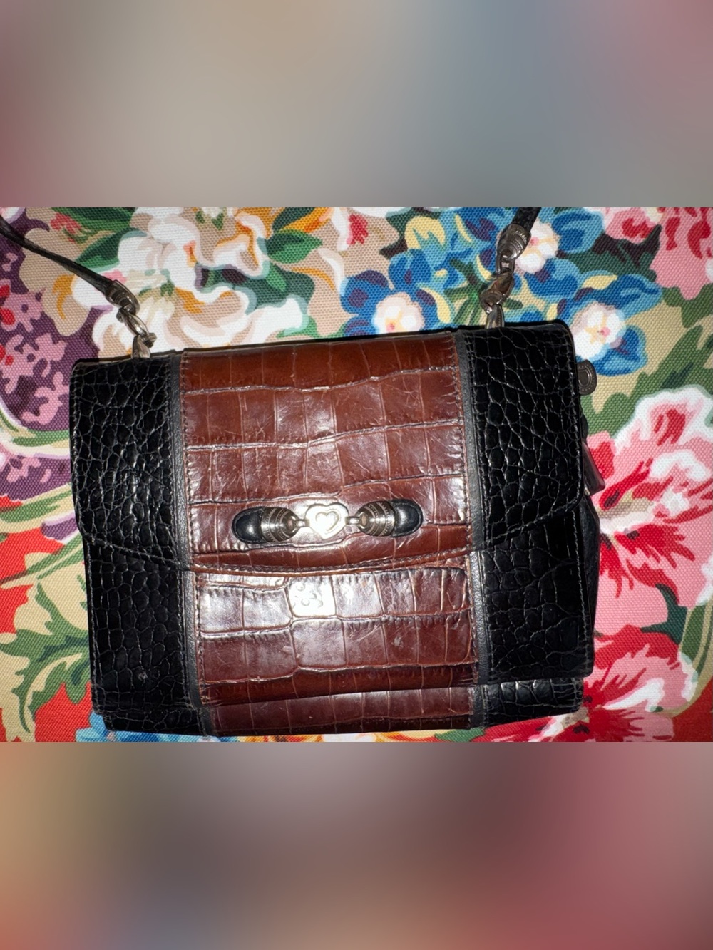 Brighton Black and Brown Croc-Texture Crossbody Bag Wallet Trifold Purse Card